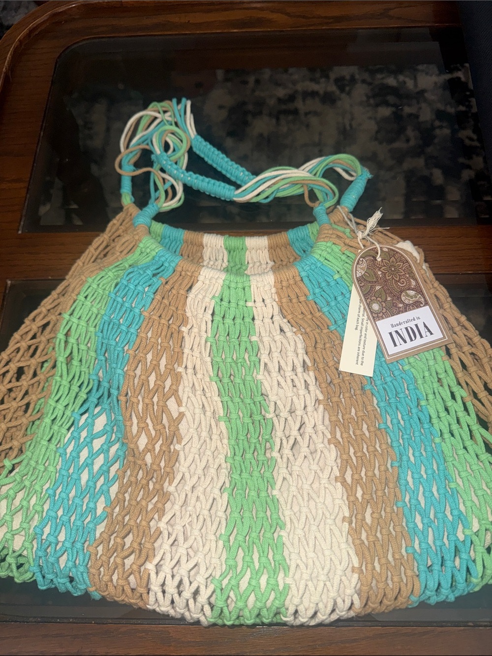 Handcrafted Striped Crochet Tote Bag - Aqua, Green, Cream, Tan